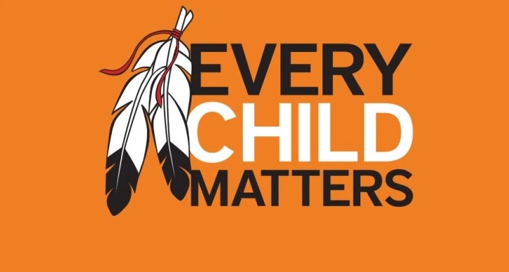 Every Child Matters with two white feathers on orange background